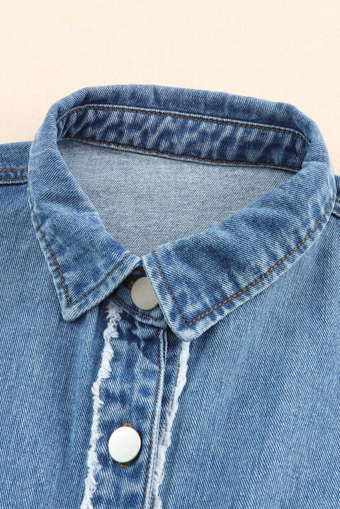 Raw Hem Button Up Denim Jacket with Breast Pockets - TRENDMELO