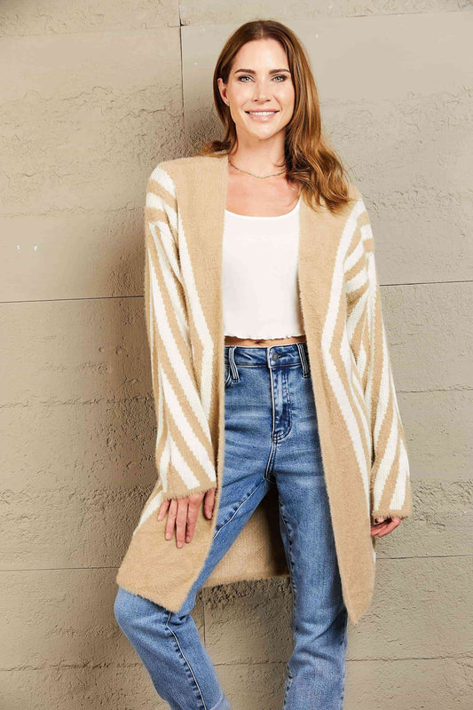 Woven Right Two-Tone Open Front Fuzzy Longline Cardigan - TRENDMELO