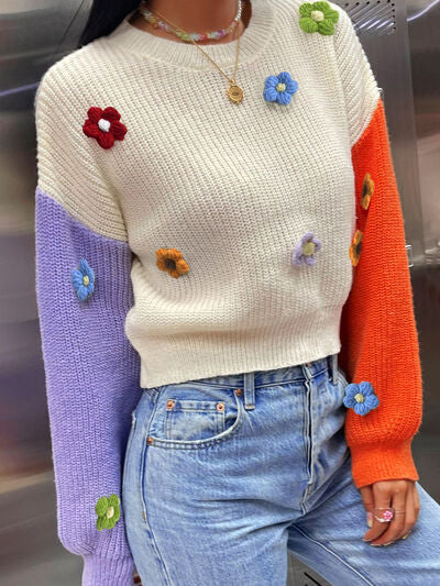 Flower Contrast Round Neck Sweater - TRENDMELO