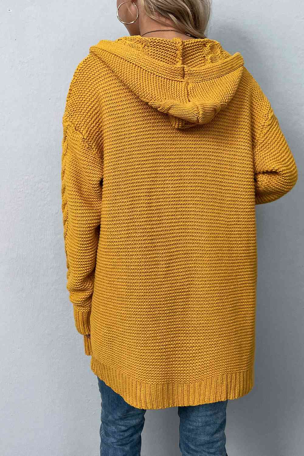 Cable-Knit Dropped Shoulder Hooded Cardigan - TRENDMELO