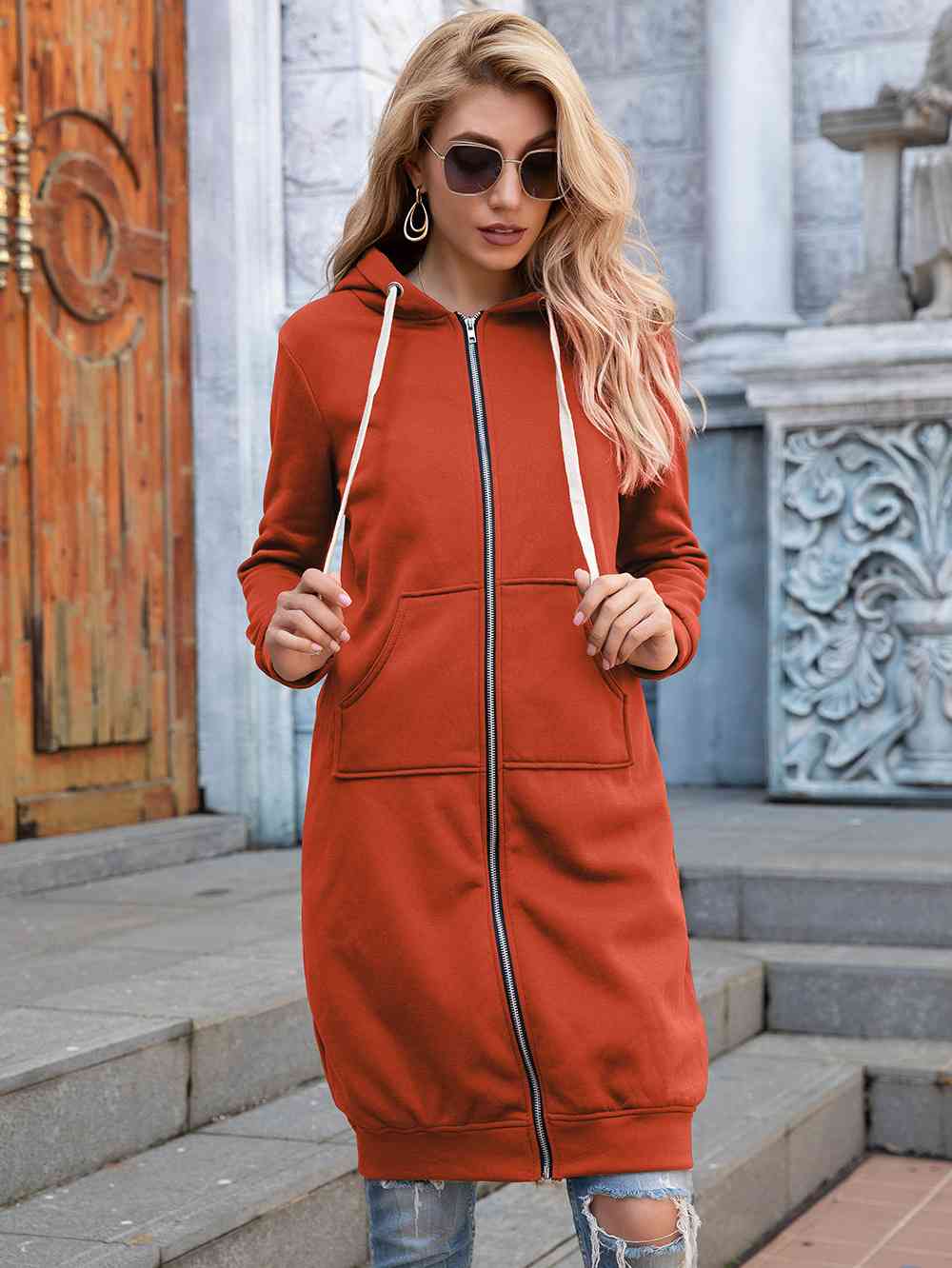 Zip-Up Longline Hoodie with Pockets - TRENDMELO