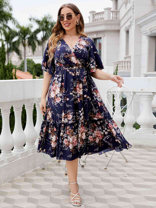 Plus Size Floral Surplice Neck Midi Dress - TRENDMELO