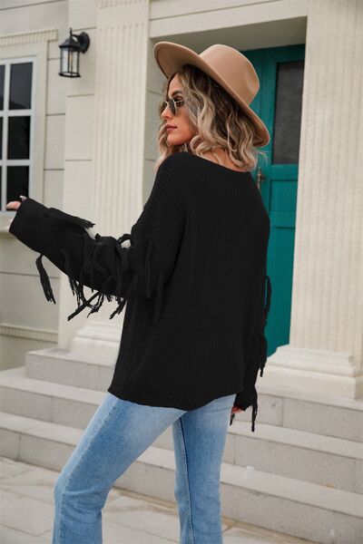 Fringe Round Neck Dropped Shoulder Sweater - TRENDMELO