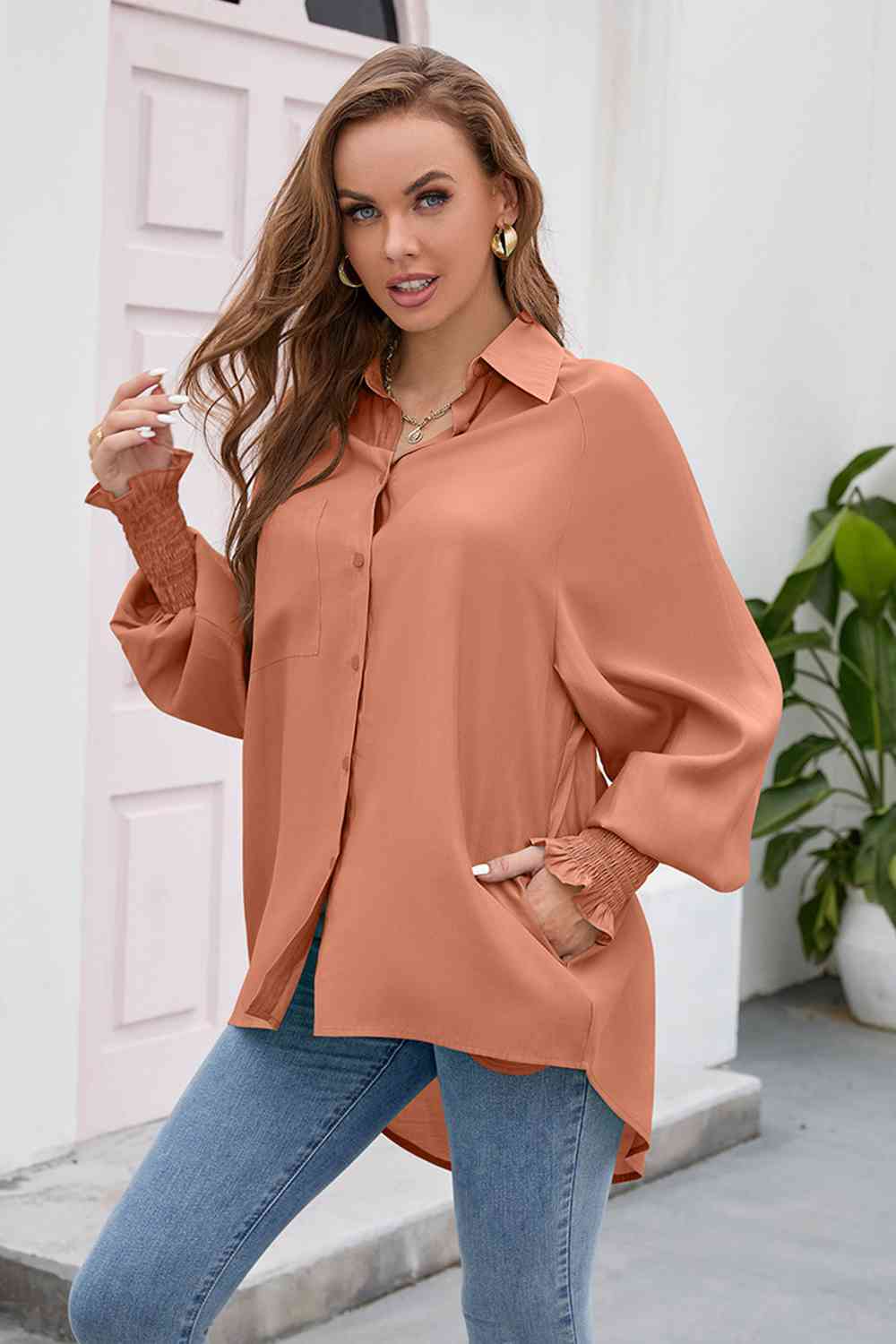 High-Low Collared Neck Lantern Sleeve Shirt - TRENDMELO