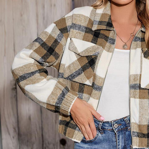 Plaid Zip-Up Collared Jacket - TRENDMELO