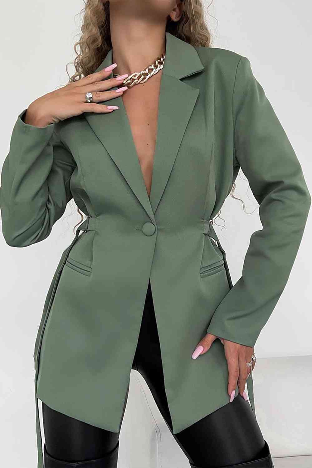 Lapel Collar Long Sleeve Blazer - TRENDMELO