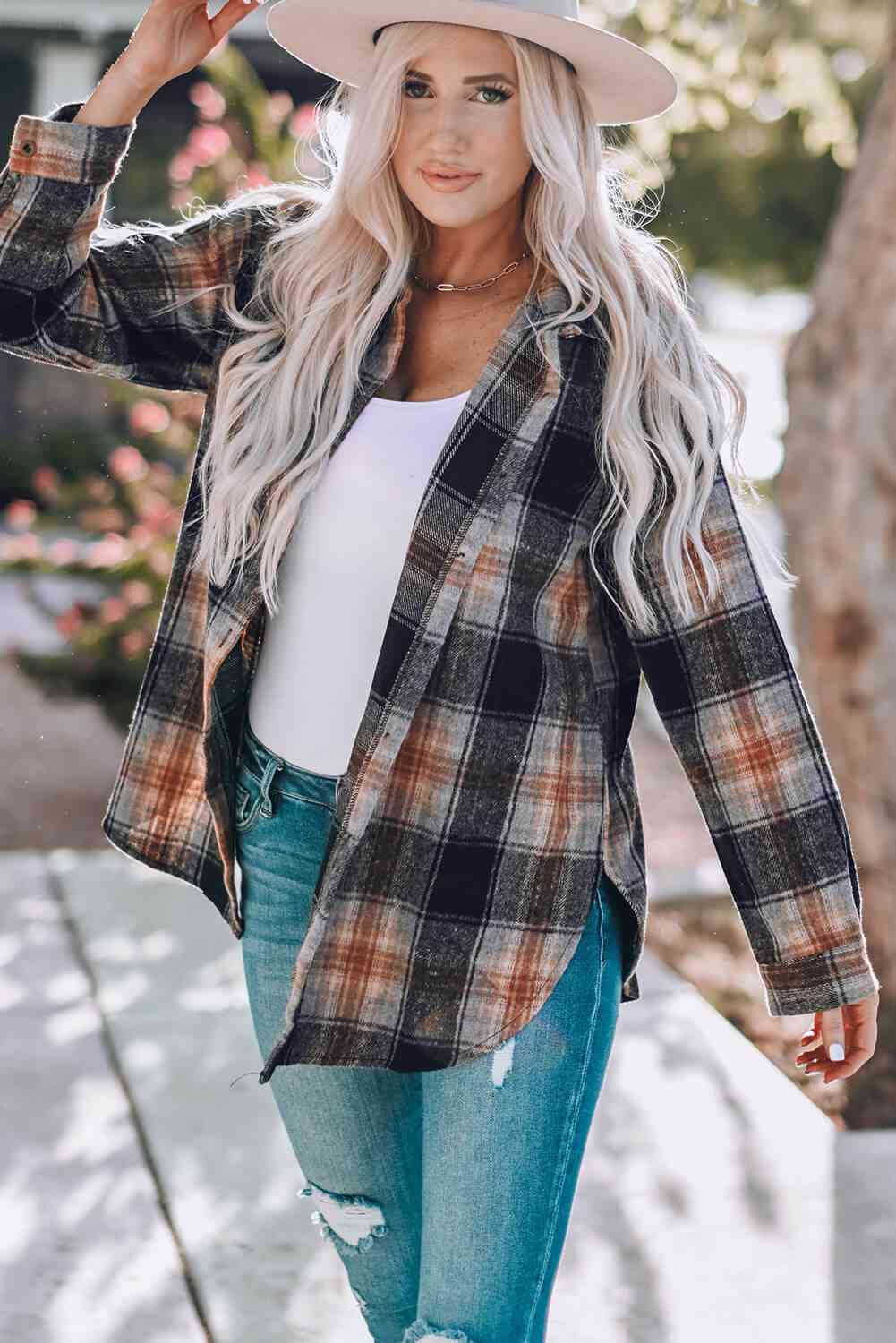 Double Take Plaid Side Slit Curved Hem Shirt - TRENDMELO