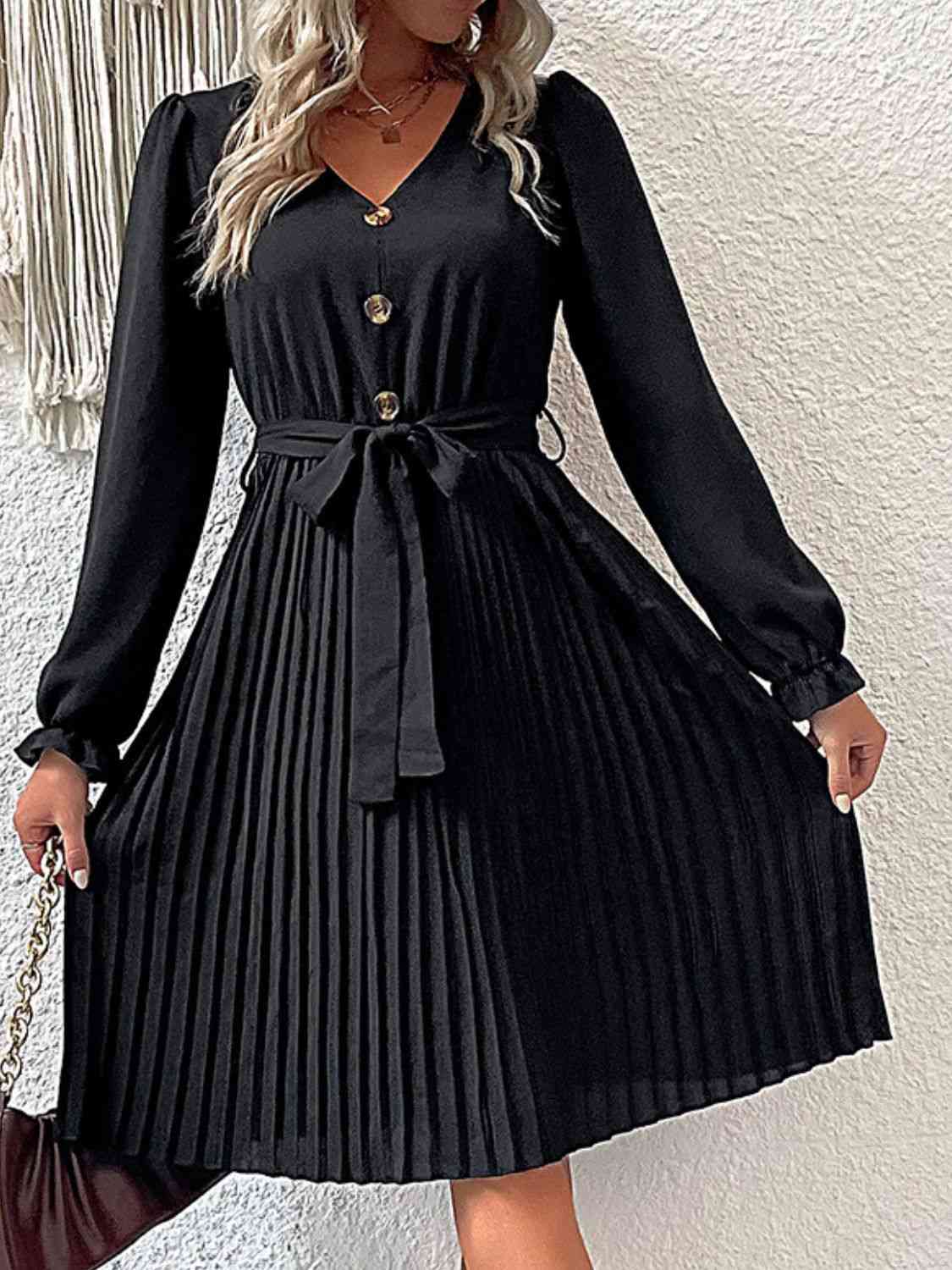 Decorative Button Belted Puff Sleeve Pleated Dress - TRENDMELO