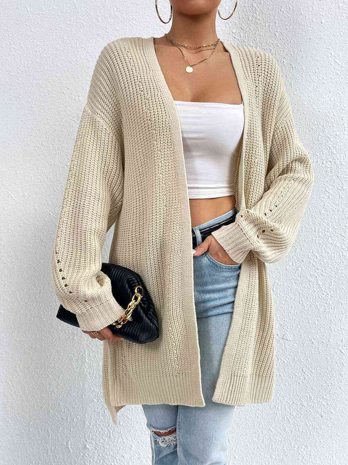 Open Front Dropped Shoulder Slit Cardigan - TRENDMELO