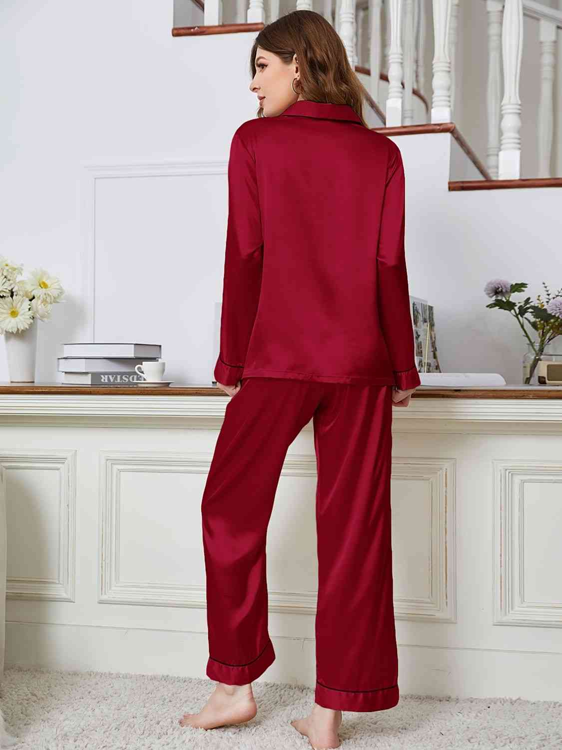 Lapel Collar Long Sleeve Top and Pants Pajama Set - TRENDMELO