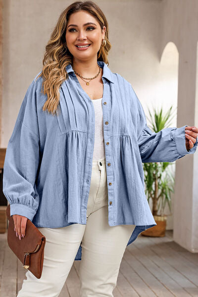 Plus Size High-Low Button Up Dropped Shoulder Shirt - TRENDMELO