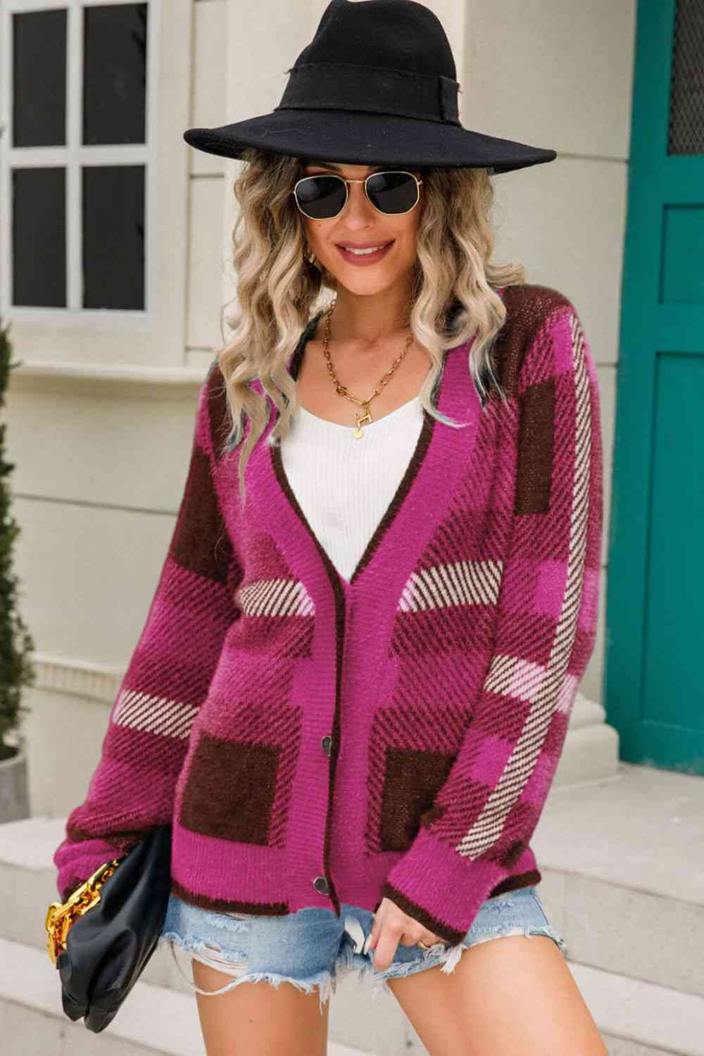 Striped Button-Front Fuzzy Cardigan - TRENDMELO