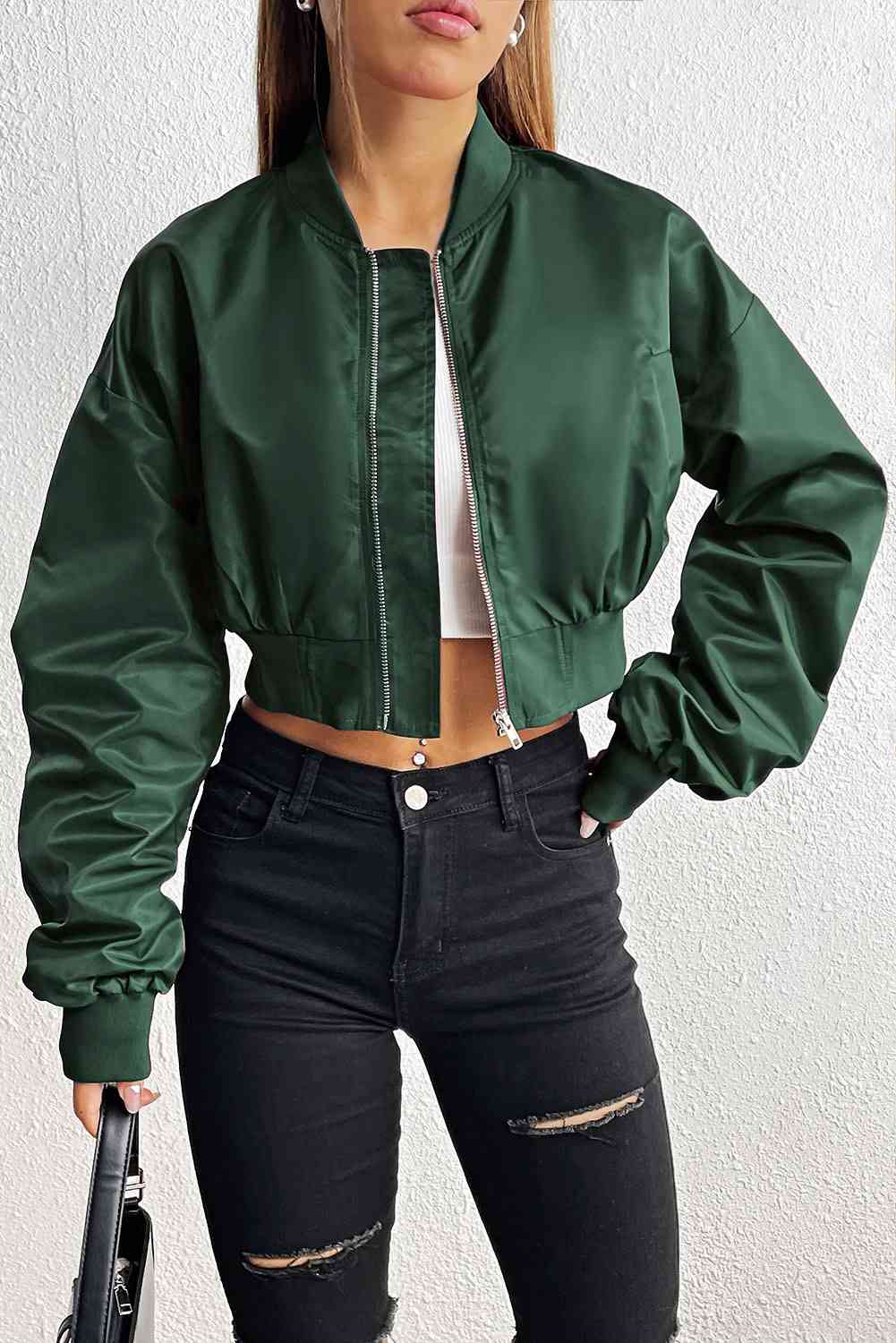 Zip-Up Ruched Cropped Jacket - TRENDMELO