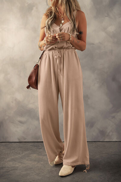 Waffle-Knit Drawstring Wide Strap Jumpsuit - TRENDMELO