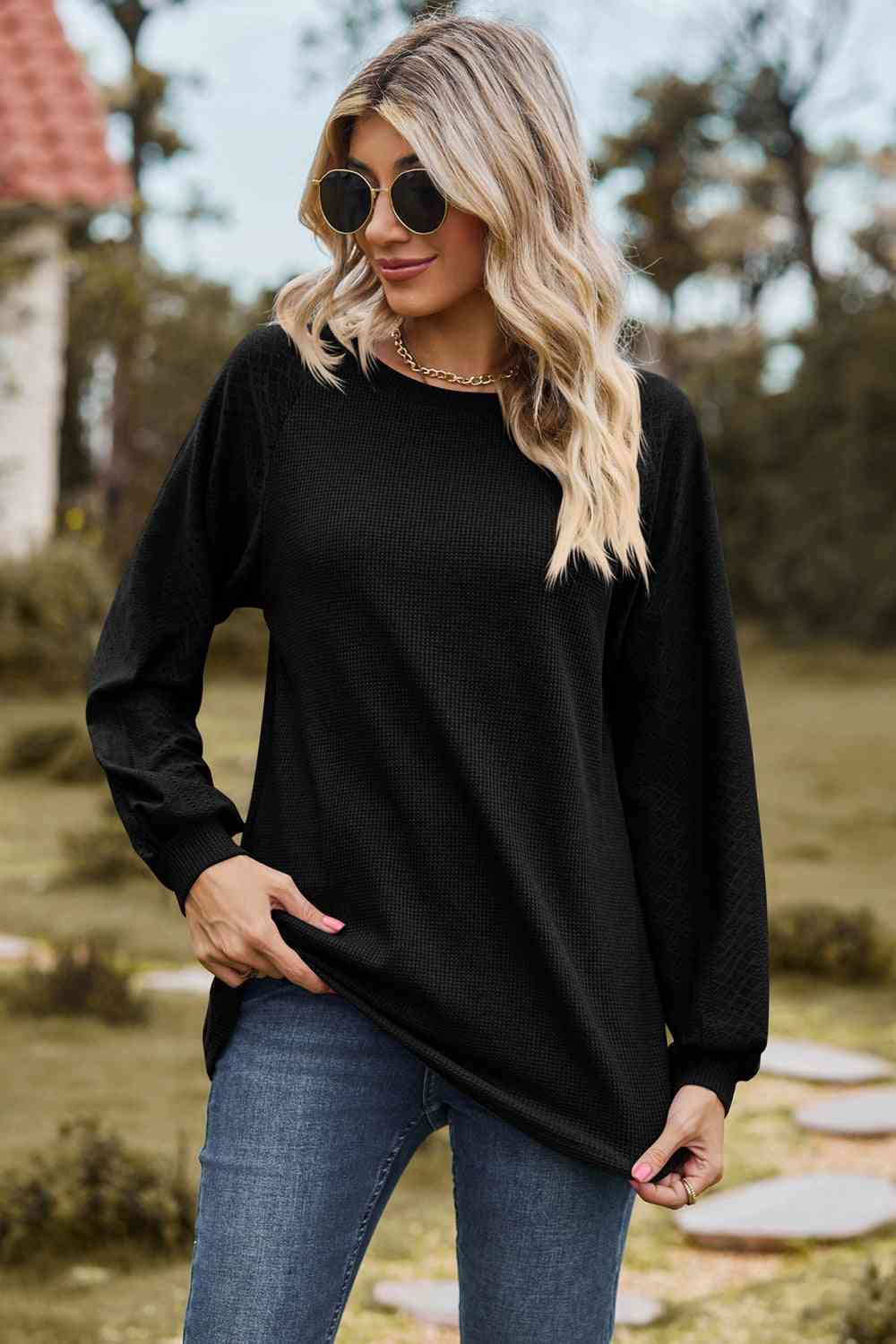 Round Neck Raglan Sleeve Sweatshirt - TRENDMELO