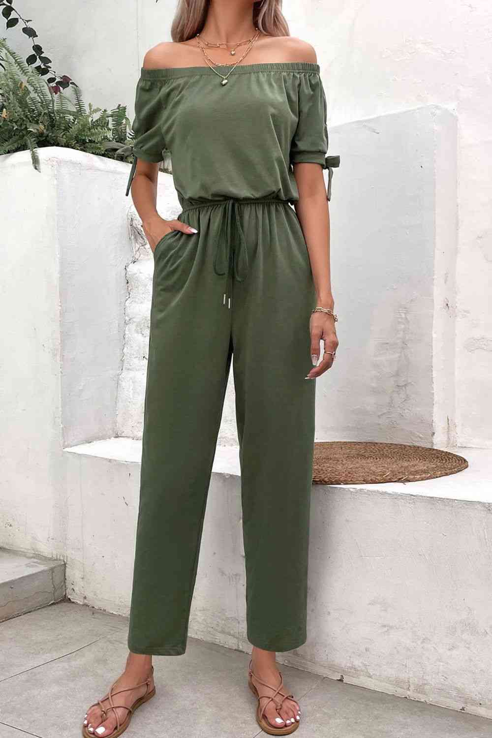 Off-Shoulder Tie Cuff Jumpsuit with Pockets - TRENDMELO