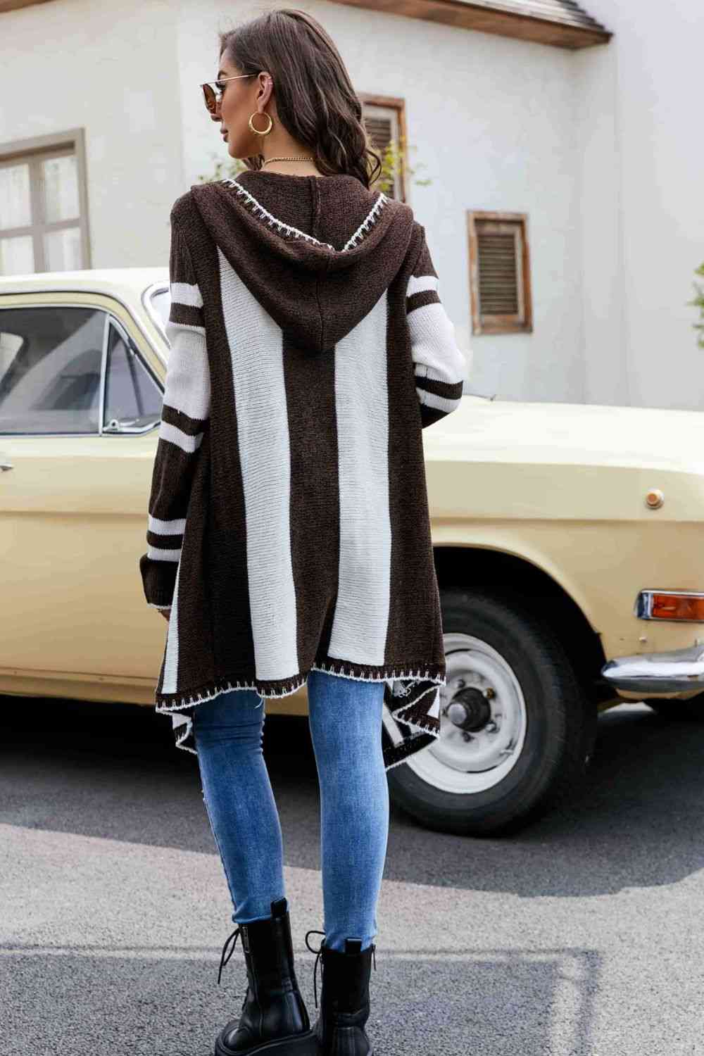 Woven Right Striped Open Front Hooded Cardigan - TRENDMELO