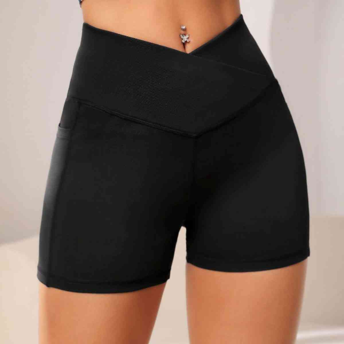 Wide Waistband Active Shorts with Pocket - TRENDMELO