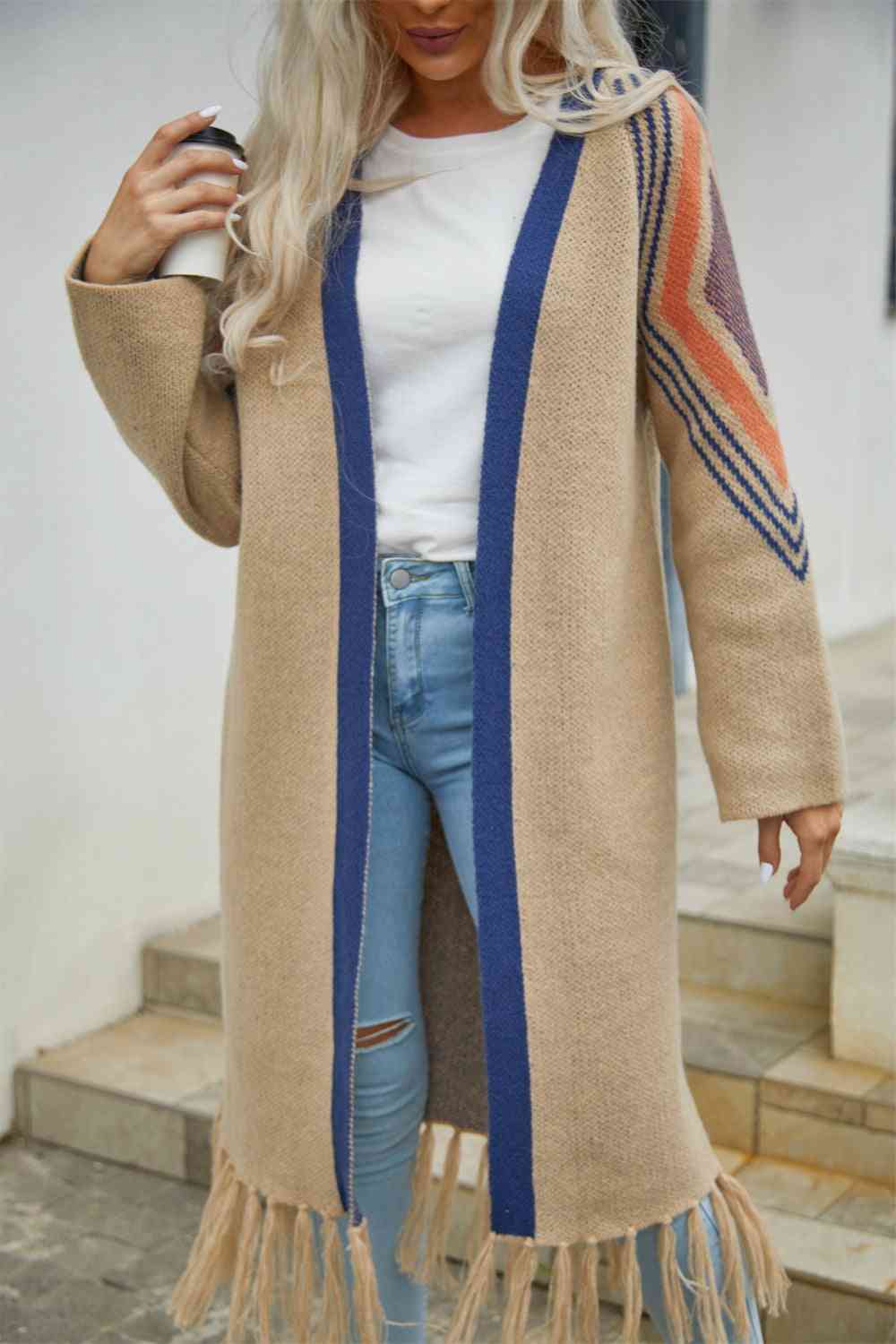 Double Take Geometric Fringe Hem Open Front Duster Cardigan - TRENDMELO