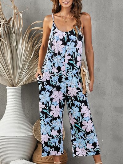 Printed Spaghetti Strap Jumpsuit with Pockets - TRENDMELO