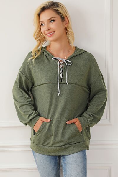 Lace-Up Exposed Seam Hoodie with Pocket - TRENDMELO