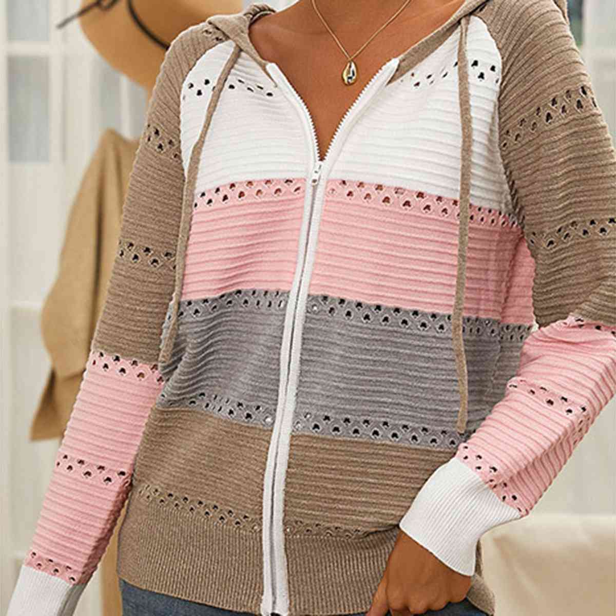 Color Block Drawstring Hooded Sweater - TRENDMELO