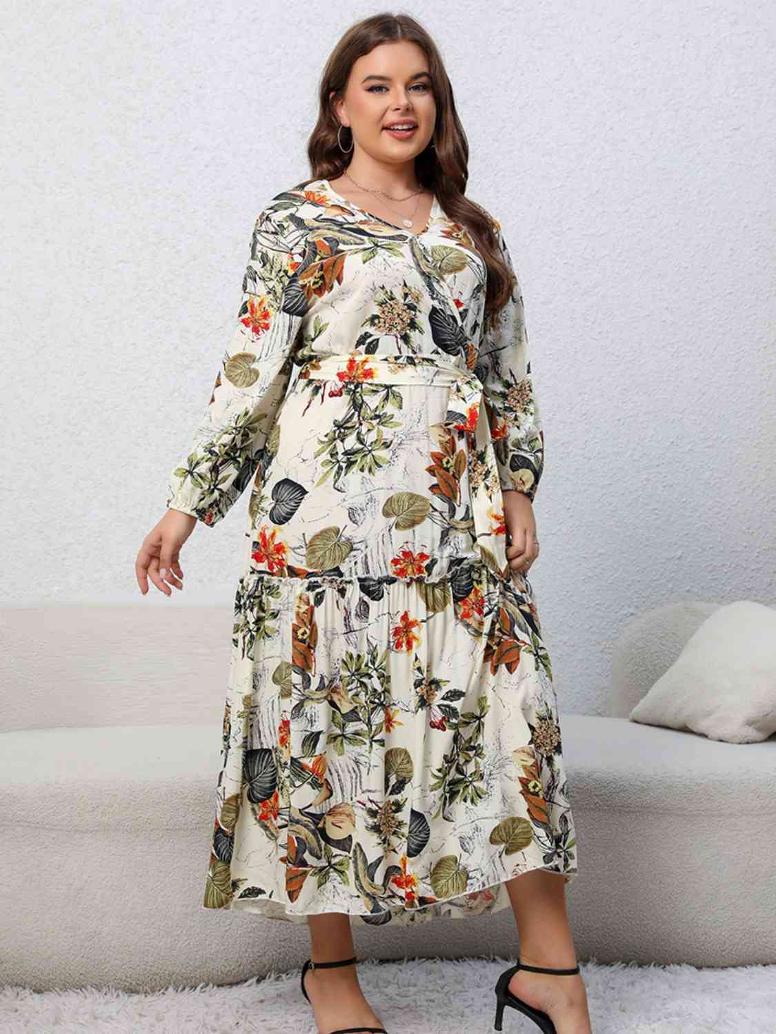 Plus Size Floral Tied Balloon Sleeve Midi Dress - TRENDMELO