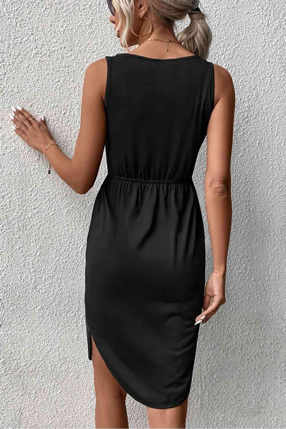 V-Neck Curved Hem Sleeveless Dress - TRENDMELO