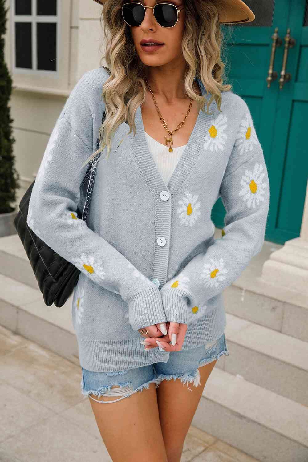 Daisy Pattern Button Front Cardigan - TRENDMELO