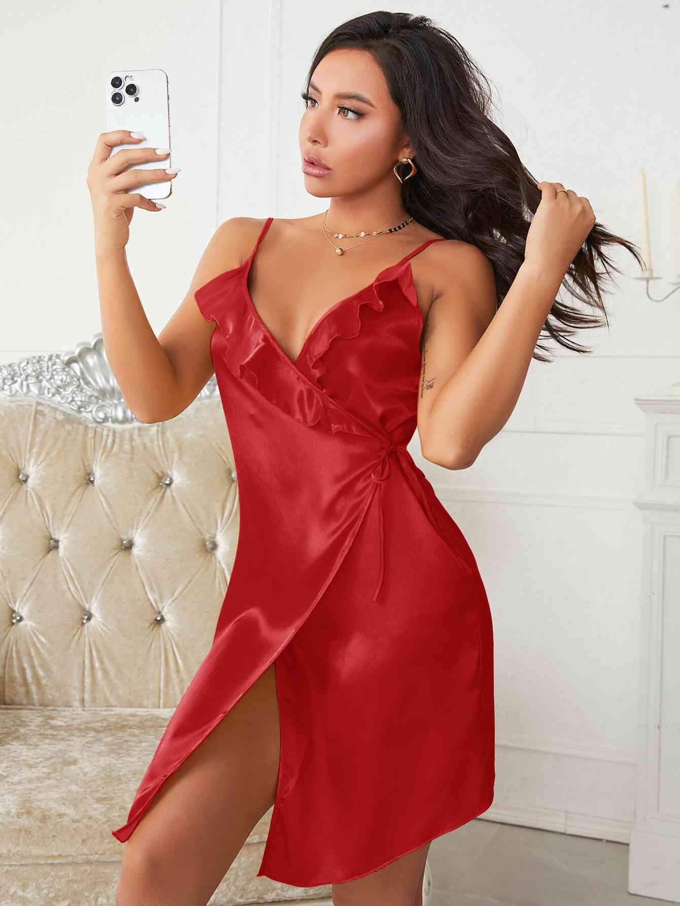 Satin Ruffled Spaghetti Strap Wrap Night Dress - TRENDMELO