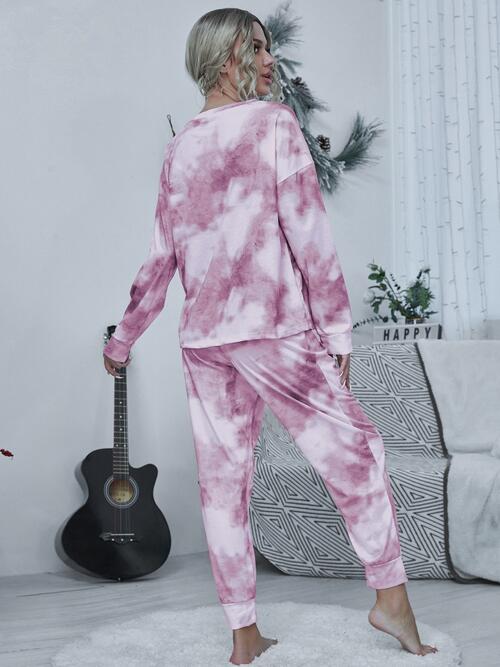 Tie-dye Round Neck Top and Drawstring Pants Lounge Set - TRENDMELO