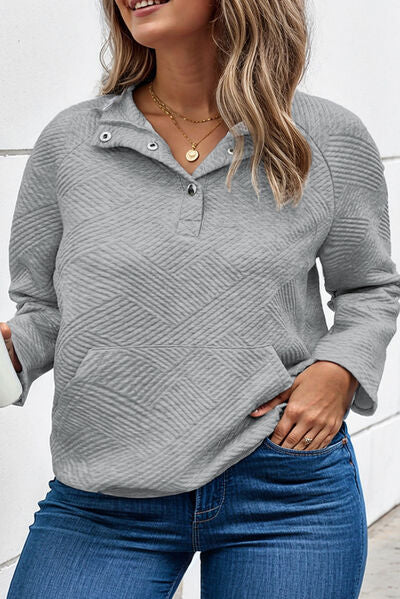 Plus Size Texture Half Snap Long Sleeve Sweatshirt - TRENDMELO