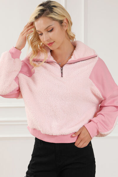 Fuzzy Half Zip Dropped Shoulder Sweatshirt - TRENDMELO