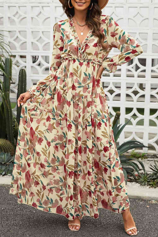 Floral Frill Trim Flounce Sleeve Plunge Maxi Dress - TRENDMELO
