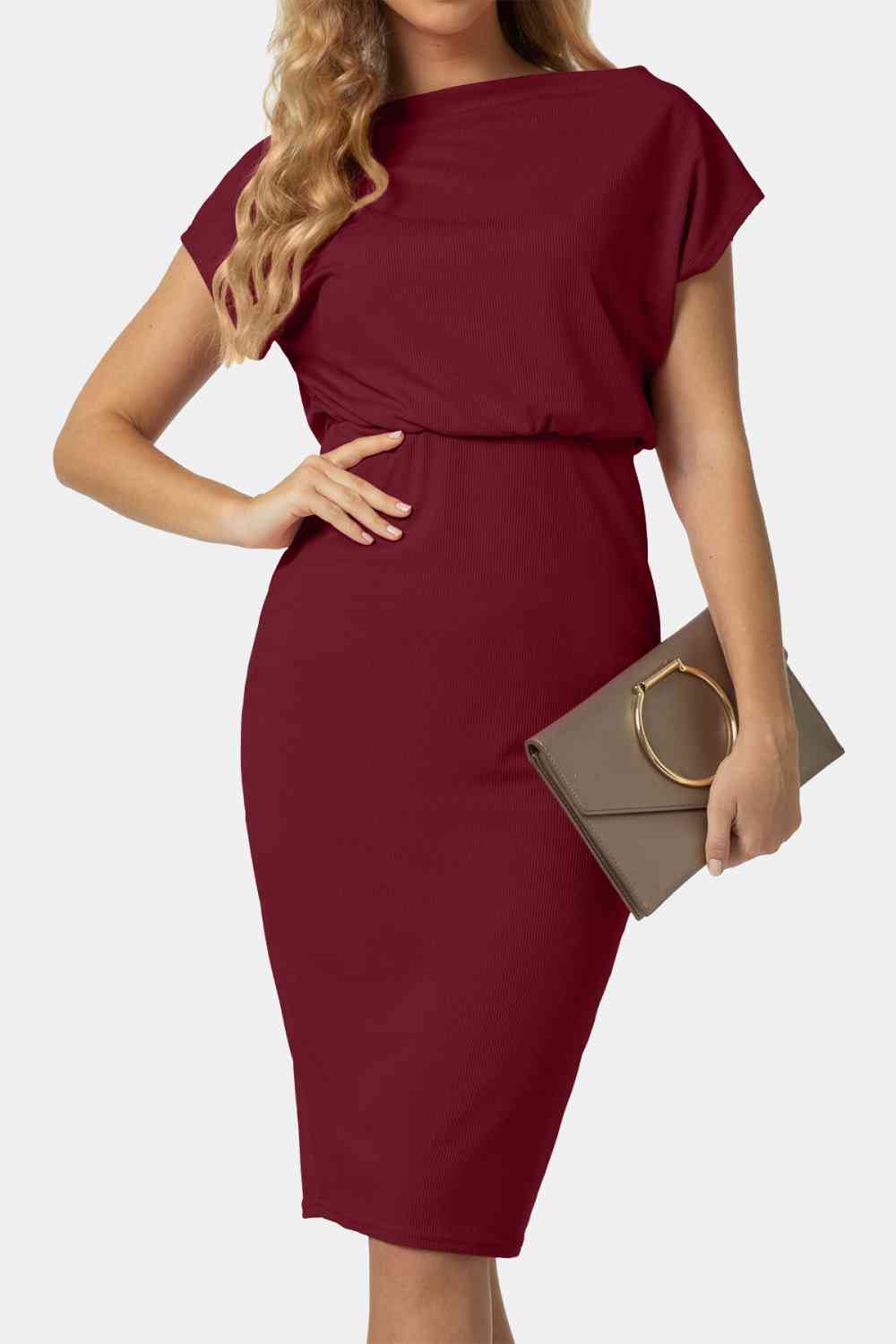 Boat Neck Short Sleeve Knee-Length Dress - TRENDMELO