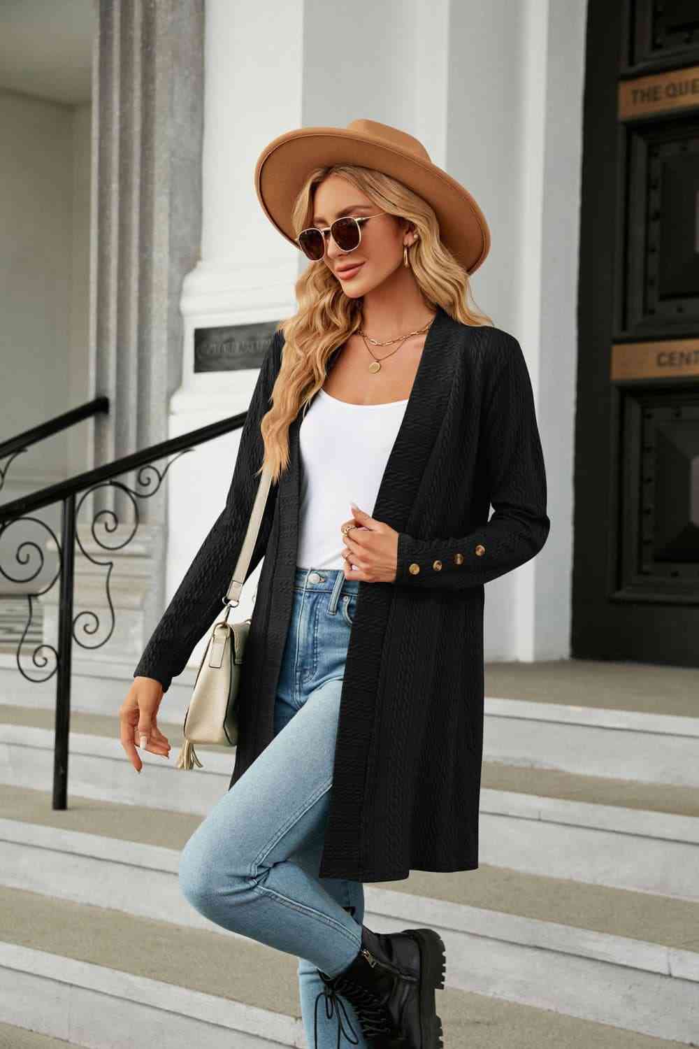 Long Sleeve Open Front Cardigan - TRENDMELO