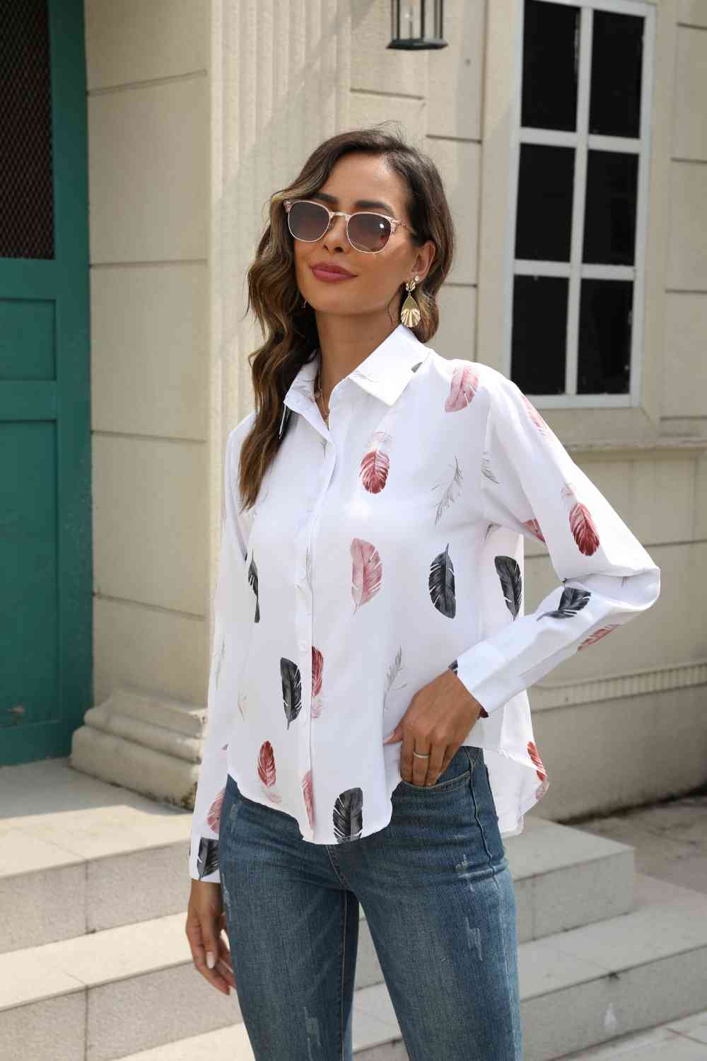 Printed Collared Neck Buttoned Shirt - TRENDMELO