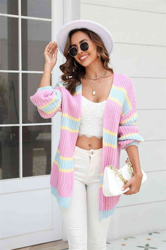 Color Block Ribbed Dropped Shoulder Open Front Cardigan - TRENDMELO