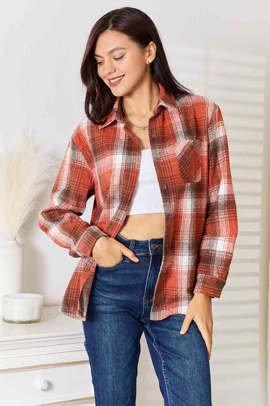 Double Take Plaid Collared Neck Long Sleeve Shirt - TRENDMELO