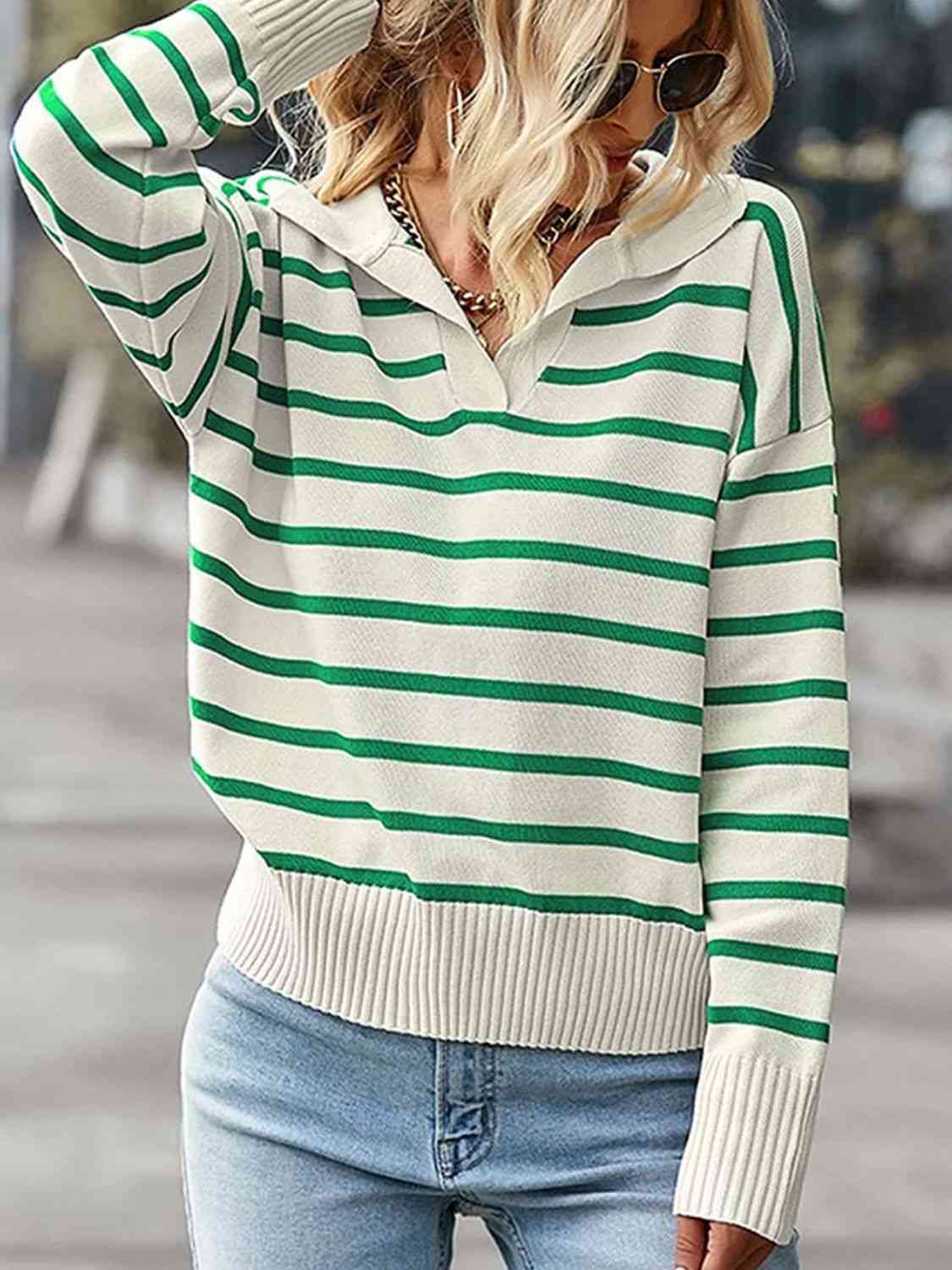 Striped Collared Neck Knit Top - TRENDMELO