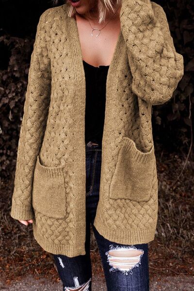 Open Front Dropped Shoulder Cardigan with Pockets - TRENDMELO