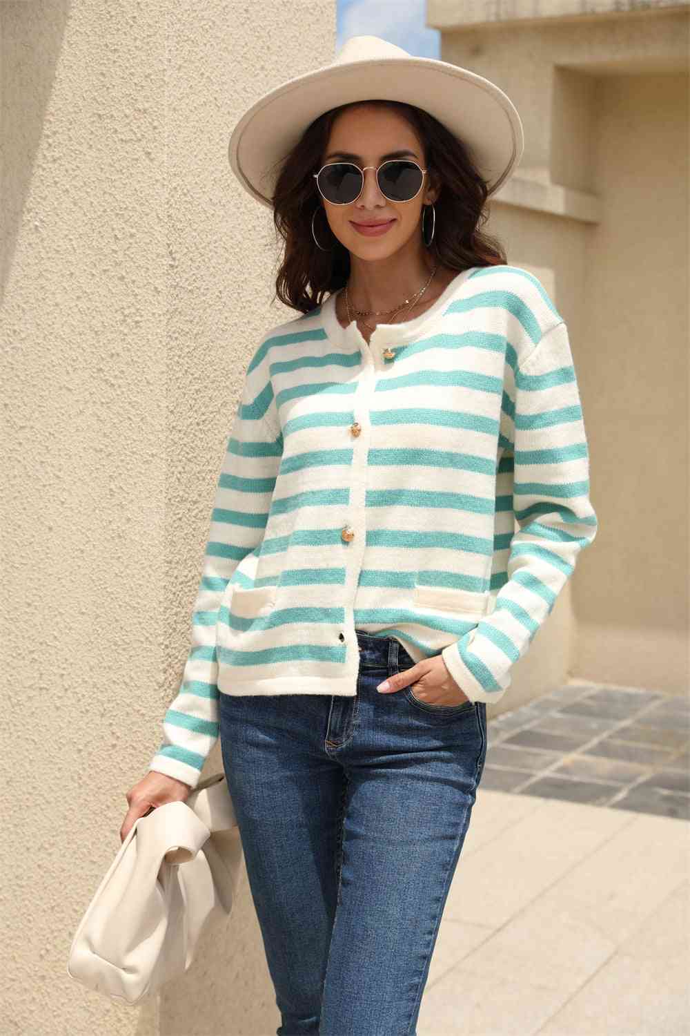 Striped Round Neck Button-Down Dropped Shoulder Cardigan - TRENDMELO