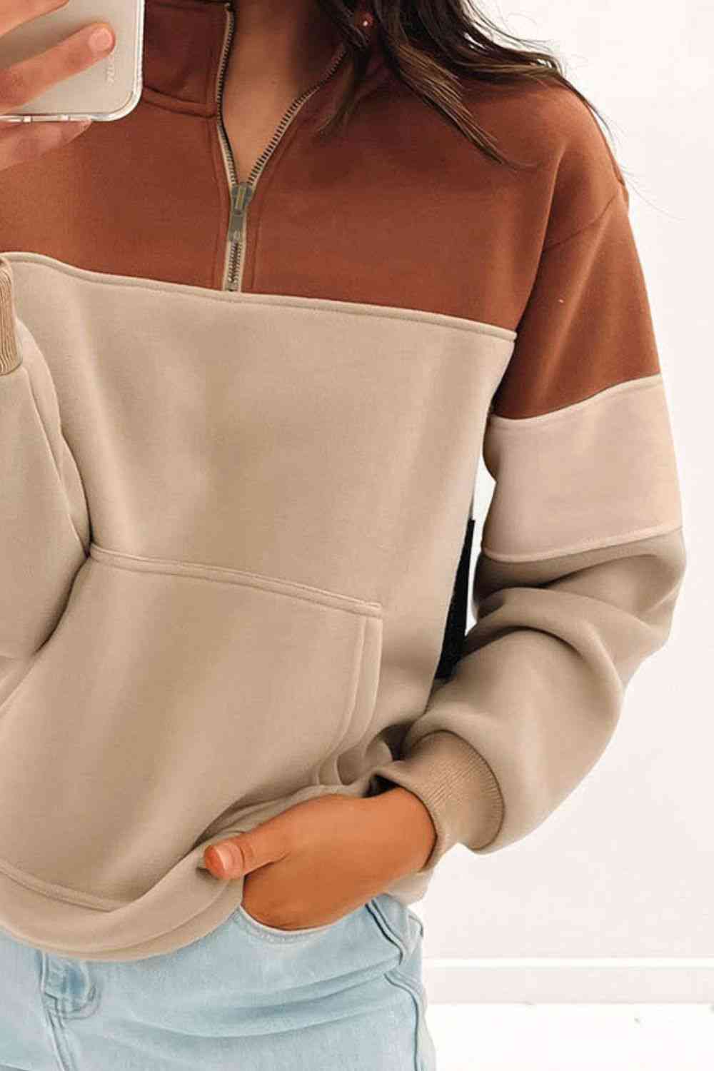 Half Zip Up Sweatshirt with Front Pocket - TRENDMELO
