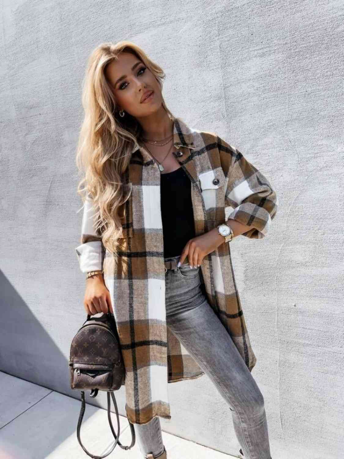 Plaid Collared Neck Longline Shirt - TRENDMELO