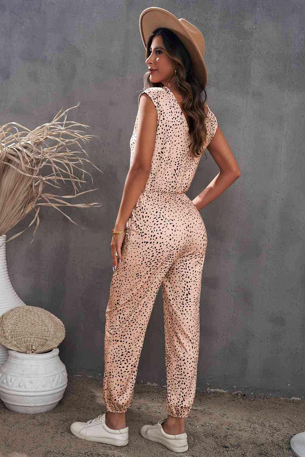 Animal Print Capped Sleeve Jogger Jumpsuit with Pockets - TRENDMELO