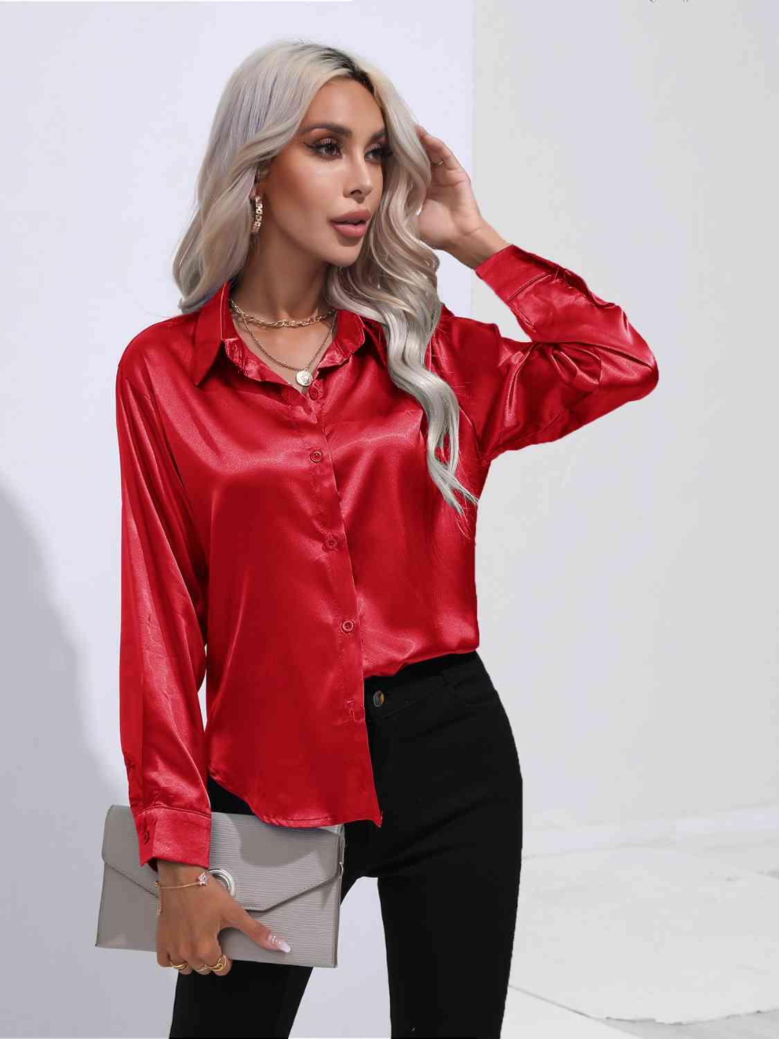 Collared Neck Buttoned Long Sleeve Shirt - TRENDMELO