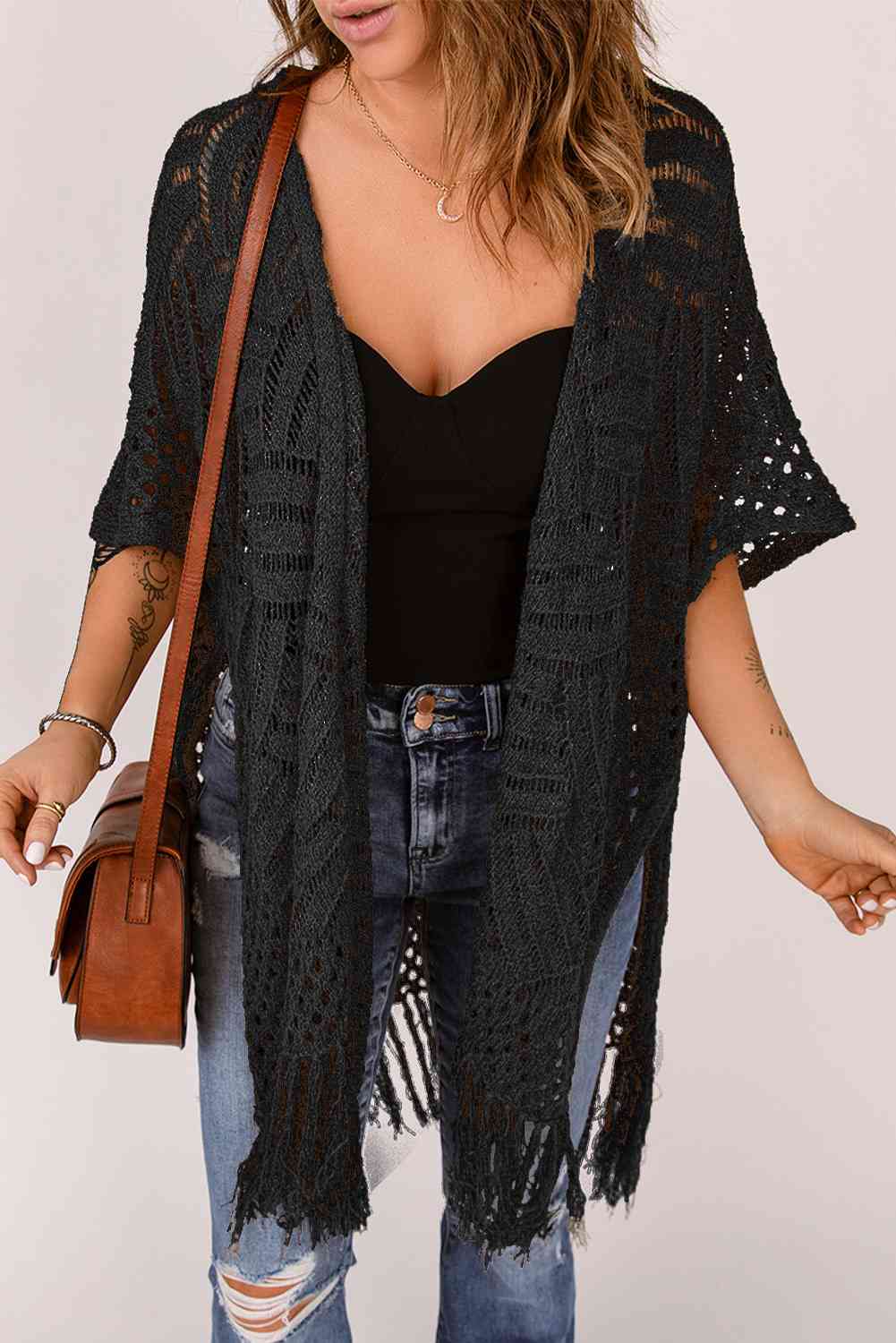 Fringe Hem Slit Open Front Cardigan - TRENDMELO