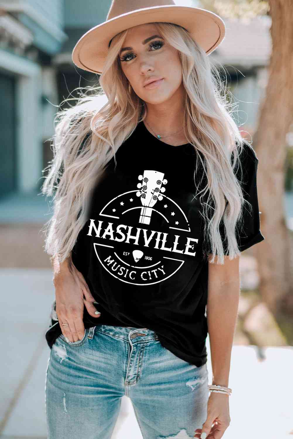 Western NASHVILLE MUSIC CITY Cuffed Graphic Tee Shirt - TRENDMELO