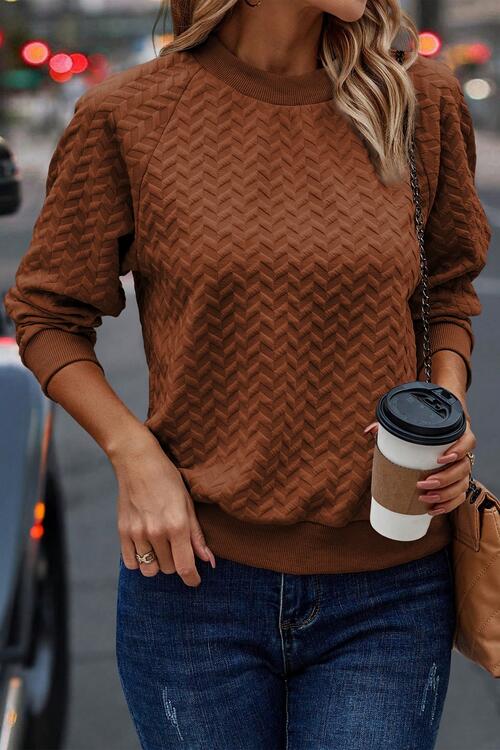 Texture Round Neck Long Sleeve Sweatshirt - TRENDMELO