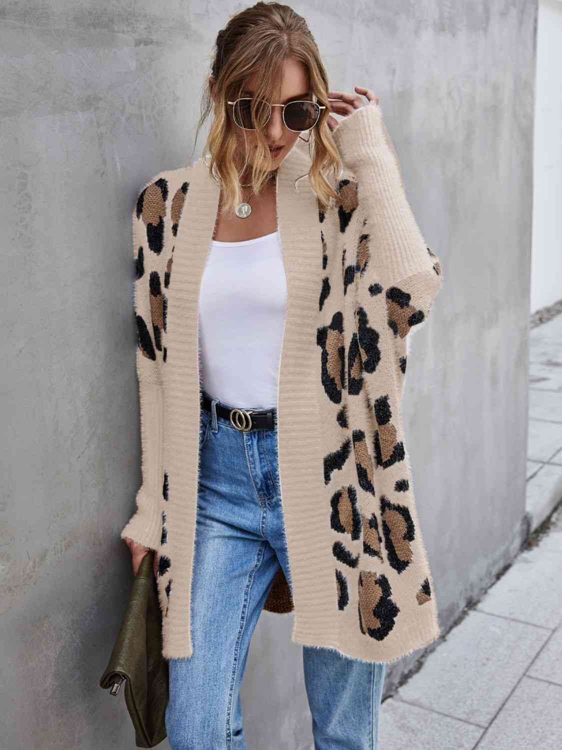 Leopard Pattern Fuzzy Cardigan - TRENDMELO